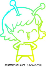 cold gradient line drawing of a cartoon alien girl laughing