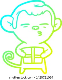cold gradient line drawing of a cartoon suspicious monkey with present