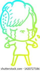 cold gradient line drawing of a cartoon crying girl
