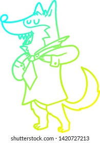 cold gradient line drawing of a cartoon office wolf getting dressed