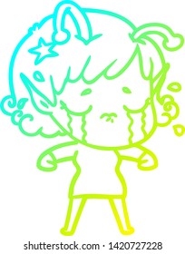 cold gradient line drawing of a cartoon crying alien girl