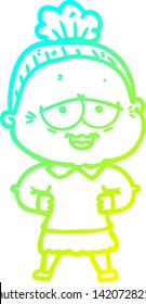 cold gradient line drawing of a cartoon happy old lady
