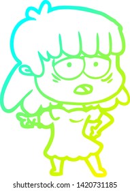 cold gradient line drawing of a cartoon tired woman