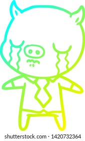 cold gradient line drawing of a cartoon pig crying wearing shirt and tie