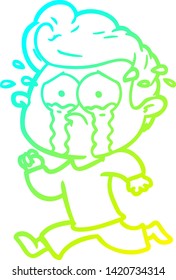 cold gradient line drawing of a cartoon crying man running