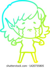 cold gradient line drawing of a cartoon crying elf girl
