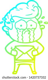cold gradient line drawing of a cartoon crying man receiving letter