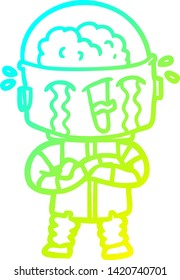 dibujo de línea de gradiente frío de un robot llorando de caricatura