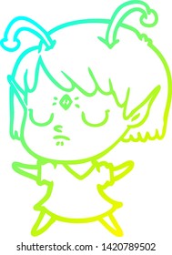 cold gradient line drawing of a cartoon alien girl