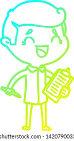 dibujo en línea de gradiente frío de un caricaturista con tablero de clips