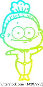 cold gradient line drawing of a cartoon happy old woman