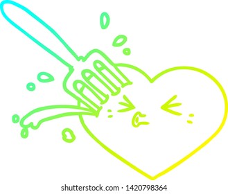 cold gradient line drawing of a cartoon love heart stuck with fork