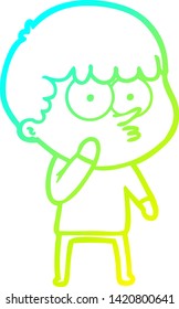 cold gradient line drawing of a cartoon curious boy