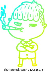 cold gradient line drawing of a cartoon man smoking