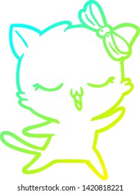 cold gradient line drawing of a cartoon dancing cat with bow on head