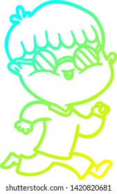 cold gradient line drawing of a cartoon boy wearing sunglasses and running