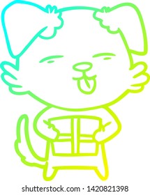 cold gradient line drawing of a cartoon dog with christmas present