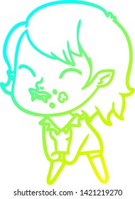 cold gradient line drawing of a cartoon vampire girl with blood on cheek