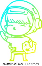cold gradient line drawing of a cartoon curious astronaut carrying space rock