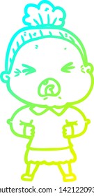 cold gradient line drawing of a cartoon angry old woman