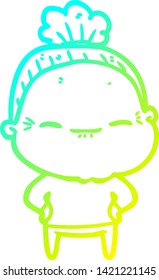cold gradient line drawing of a cartoon peaceful old woman