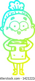 cold gradient line drawing of a cartoon happy old woman