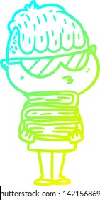 dibujo de una línea de degradado frío de un niño de caricatura que usa gafas de sol con pila de libros