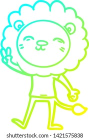 dibujo de línea de gradiente frío de un león de caricatura que da señal de paz