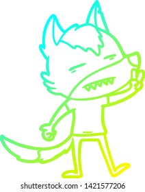 cold gradient line drawing of a cartoon wolf showing teeth