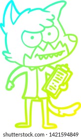 cold gradient line drawing of a cartoon grinning fox with clipboard