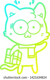 cold gradient line drawing of a cartoon surprised cat with christmas present