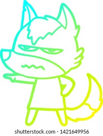 desenho de linha de gradiente frio de um desenho animado lobo irritado