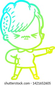 cold gradient line drawing of a cartoon annoyed hipster girl