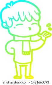 cold gradient line drawing of a cartoon curious boy