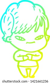 cold gradient line drawing of a cartoon happy woman