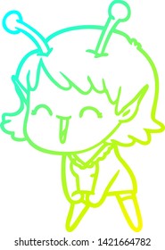 cold gradient line drawing of a cartoon alien girl laughing
