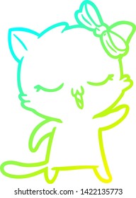 cold gradient line drawing of a cartoon cat with bow on head