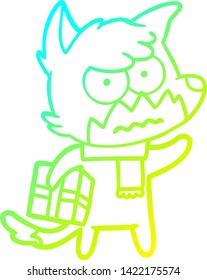 cold gradient line drawing of a cartoon annoyed fox carrying gift