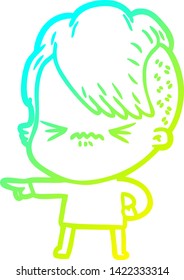 cold gradient line drawing of a cartoon annoyed hipster girl