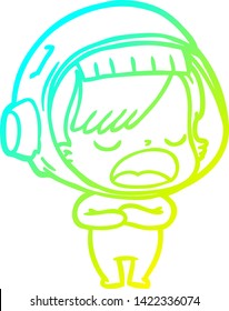 cold gradient line drawing of a cartoon astronaut woman explaining