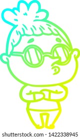 cold gradient line drawing of a cartoon woman wearing sunglasses