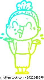 cold gradient line drawing of a cartoon happy old woman