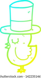 cold gradient line drawing of a cartoon bird wearing top hat