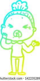 cold gradient line drawing of a cartoon angry old woman