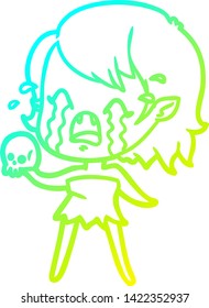 dibujo en línea de gradiente frío de una niña vampiro que llora una caricatura