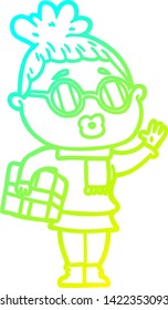 cold gradient line drawing of a cartoon woman wearing sunglasses