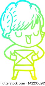 dibujo de línea de gradiente frío de una mujer de dibujos animados hablando