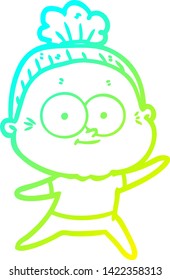 cold gradient line drawing of a cartoon happy old woman