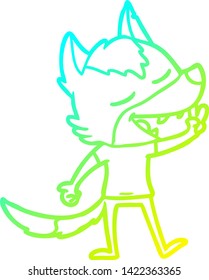 dibujo de una línea de degradado frío de un lobo de dibujos animados que da un signo de paz