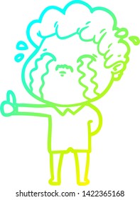 dibujo de una línea de degradado frío de un hombre de dibujos animados llorando